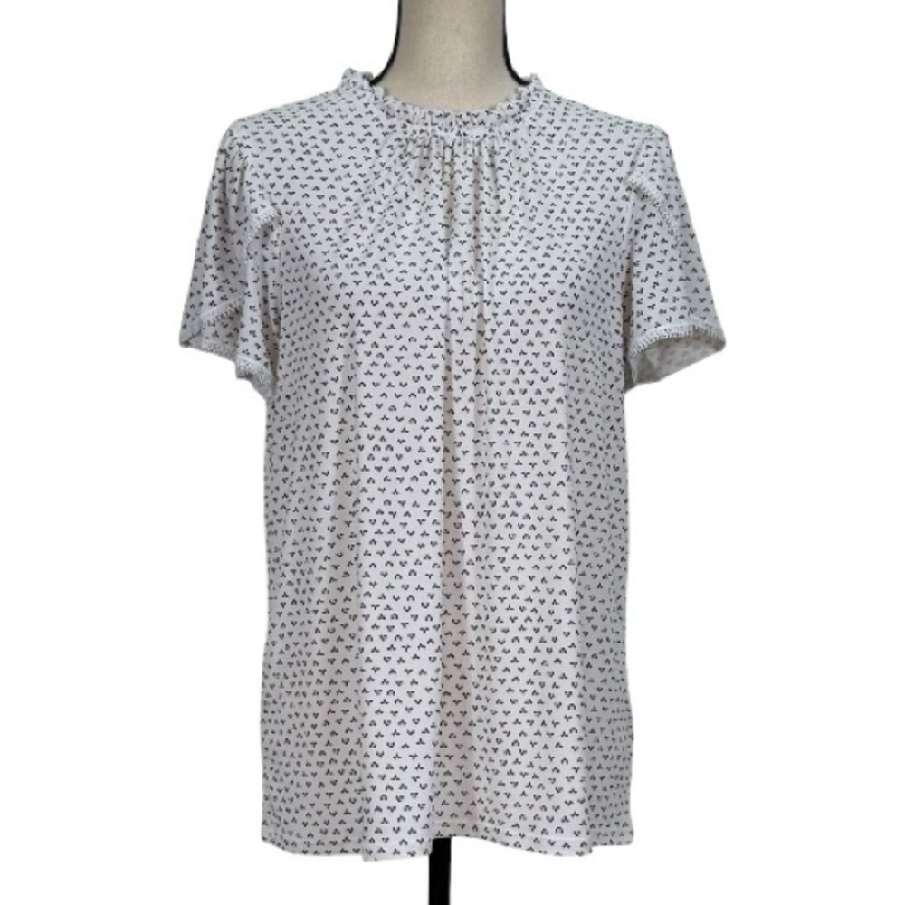 Adrianna Papell Blouse Top White Black Print Ruffle Neck Flutter Sleeve